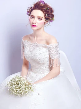 AXJFU prabangių nėrinių beadding vestuvių suknelė žodis peties princesė nuotaka į Princesę nėrinių vestuvinė suknelė, nauja 2126