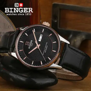 Šveicarijos vyrų žiūrėti prabangos prekės BINGER šviesos Mechaninė Laikrodžius odinis dirželis, Vandeniui atsparus laikrodis B5008-6