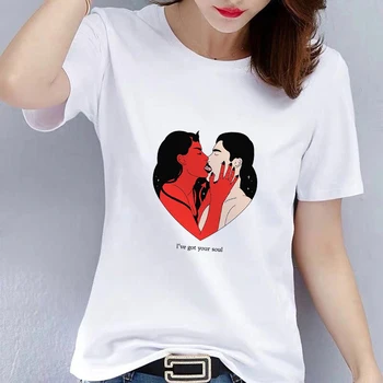 Mados Baltoji Moteris Demonas Harajuku Print T Shirt 2021 M. Vasarą Ullzang Femme Derliaus Tshirts Mergina 90S Grafinis marškinėliai Tee Viršūnės