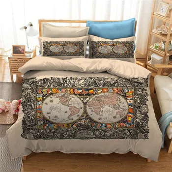 Pasaulio žemėlapyje antklode padengti rinkinys su užvalkalai šalikas patalynės komplektai king size retro spausdinti patalynė karalienės lova nustatyti namų tekstilė