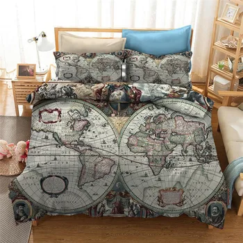 Pasaulio žemėlapyje antklode padengti rinkinys su užvalkalai šalikas patalynės komplektai king size retro spausdinti patalynė karalienės lova nustatyti namų tekstilė