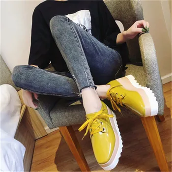 Pavasarį, Rudenį 2020 Blynai storio vienintelis vieną bateliai moterims naujai studentų laisvalaikio saldainiai spalvos platformos butas kulno batų juoda geltona