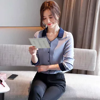 Mados Prarasti Mėlynos Spalvos Šifono Palaidinė Korėjos Office Lady Marškinėliai Moterims 2021 M. Rudenį Kieto V-Kaklo, Ilgomis Rankovėmis Megztinis Moterims Topai 11051
