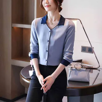 Mados Prarasti Mėlynos Spalvos Šifono Palaidinė Korėjos Office Lady Marškinėliai Moterims 2021 M. Rudenį Kieto V-Kaklo, Ilgomis Rankovėmis Megztinis Moterims Topai 11051