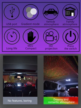 Dekoratyvinės Lempos USB Automobilio Salono LED Šviesos Stogo Atmosfera Žvaigždėto Dangaus Žibintas Dual Spalva Projektorius, Automobilių Reikmenys, Interjero