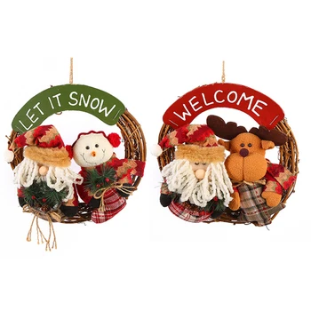35cm Didelių Kalėdų Vainikas Santa Claus Sniego Elnias masyvo, Medžio Rotango Rotango Žiedas, Pakabukas Kalėdinė Dekoracija Durų Pakaba