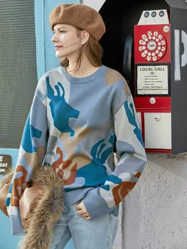 Pavasario tingus stilius laisvas megztinis moterims naujos kontrastingos, apvalios apykaklės bazės-vilnos megztinis (puloveris) viršūnių