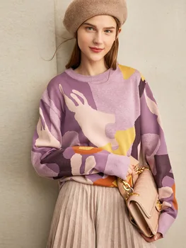 Pavasario tingus stilius laisvas megztinis moterims naujos kontrastingos, apvalios apykaklės bazės-vilnos megztinis (puloveris) viršūnių