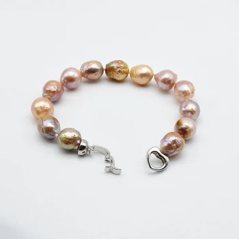Vaivorykštė, perlų apyrankės, natūralių spalvų Baroko perlas, širdies sagtis apyrankę, skersmuo 11-12mm, gėlavandenių perlų, moteriški papuošalai,