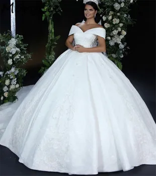 Vestuvių Suknelės nuo Peties Grindų Ilgis Nėrinių Aplikacijos Satino Teismas Traukinio Vestuvių Suknelės Su Nėrinių Atgal vestido de noiva