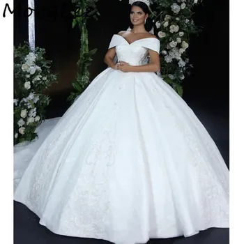 Vestuvių Suknelės nuo Peties Grindų Ilgis Nėrinių Aplikacijos Satino Teismas Traukinio Vestuvių Suknelės Su Nėrinių Atgal vestido de noiva