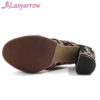 Lasyarrow Mados 2018 Suede Shoes Moteris Sandalas Siuvinėti Aukšto Kulno Moterų Sandalai Etninės Gėlių Šalies Sandalias Zapatos Mujer