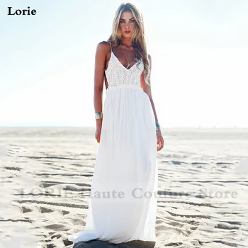 LORIE Boho Vestuvių Suknelė Spageti Dirželis Linija Šifono Ilgai Backless Paplūdimio Vestuvių Suknelė Appliques Nėrinių Viršų Nuotakos Suknelė 2020 m.