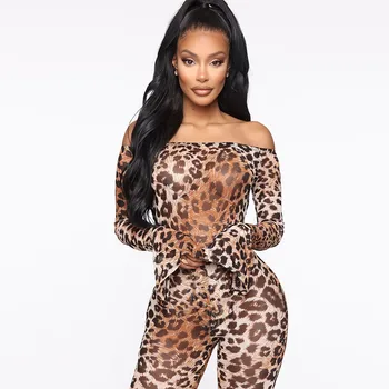 Rudenį Moterų Sexy, Leopardas Spausdinimui 2-Gabalas Rinkiniai Off Peties Velniop Kaklo, Ilgomis Rankovėmis Bodysuit Viršuje Stora Antblauzdžiai Clubwear