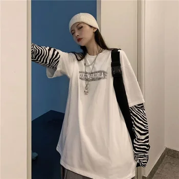 T-shirt Vyrų Ir Moterų Netikrą Du Gabalus Tamsus Juodas Top Rudens Pradžioje korėjos Zebra Modelis Susiuvimo Long Sleeve Top Goth