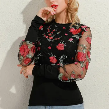 Naujas Gėlių Siuvinėjimas Vien Akies Rankovėmis Palaidinė Marškinėliai Moterims 2020 M. Pavasarį Kratinys Puloveriai, Elegantiškas, Seksualus Matyti Per Viršūnes