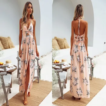 2020 m. Moteris Holiday Beach Suknelė Seksualus Plyšio Maxi Dress Ilga Apynasrio V Kaklo Mėlyną Šifono Aukštos Kokybės Čekų Suknelė LH-8073