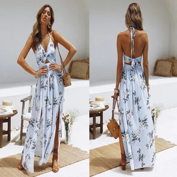 2020 m. Moteris Holiday Beach Suknelė Seksualus Plyšio Maxi Dress Ilga Apynasrio V Kaklo Mėlyną Šifono Aukštos Kokybės Čekų Suknelė LH-8073