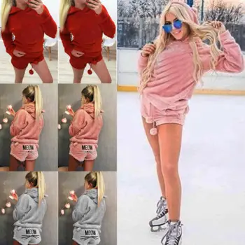 Naujas Moterų Mergina Šiltas Žiemą Hoodod Mielas Modelis Viršų Šortai Pakraštyje Minkštas Aksominis Pižamą Kostiumas Sleepwear Pižama Komplektas