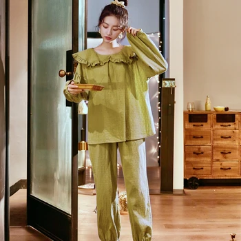 Rudenį Moterų Pižama Rinkiniai Pynimas Dizaineris ilgomis Rankovėmis, Kelnes Namas Sleepwears 2vnt Rinkiniai Žalia Miegamųjų Namo Moterų Pižama