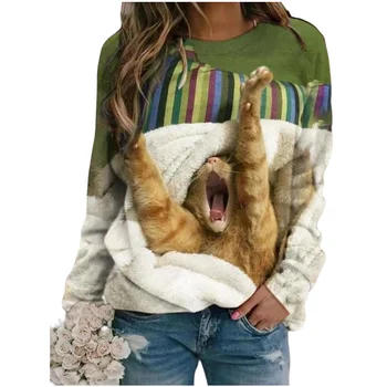 Mados O Kaklo Lovely Cat Spausdinti Ilgomis Rankovėmis Kalėdų Hoodies Moterų Atsitiktinis Megztinis Prarasti Animacinių Filmų Susagstomi Megztiniai