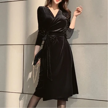 Naujas atvykimo mados pavasario wrap suknelė moterims OLIS profesija, temperamentas juoda vintage v-kaklo, aksomo, slim ir plonas-line suknelė