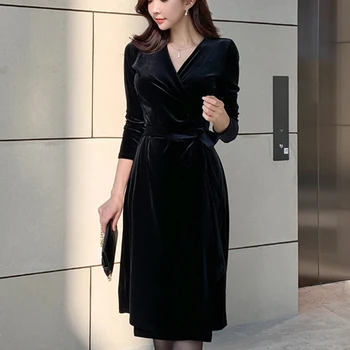 Naujas atvykimo mados pavasario wrap suknelė moterims OLIS profesija, temperamentas juoda vintage v-kaklo, aksomo, slim ir plonas-line suknelė