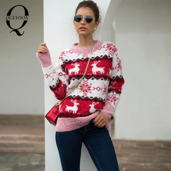 QUEVOON Kalėdų Spausdinti Moterų Megztiniai Atsitiktinis Streetwear Crewneck Megztinis Megztinis Mezgimo Žiemos Ponios Šilti Džemperiai Naujas 2021