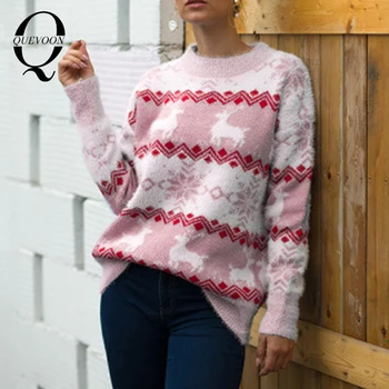 QUEVOON Kalėdų Spausdinti Moterų Megztiniai Atsitiktinis Streetwear Crewneck Megztinis Megztinis Mezgimo Žiemos Ponios Šilti Džemperiai Naujas 2021