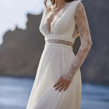 Bohemijos Paplūdimys Vestuvių Suknelė 2021-Line V-Kaklo, Ilgomis Rankovėmis Nėrinių Appliques Mygtuką Princesė Pasakų Nuotakos Suknelė Vestidos De Noiva