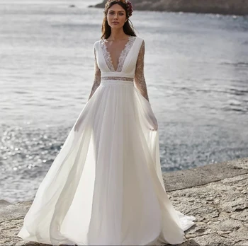 Bohemijos Paplūdimys Vestuvių Suknelė 2021-Line V-Kaklo, Ilgomis Rankovėmis Nėrinių Appliques Mygtuką Princesė Pasakų Nuotakos Suknelė Vestidos De Noiva