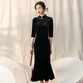 Rudenį, Žiemą Aksomo Qipao Elegantiškas Moteris Kinijos Slim Cheongsam Vintage Black Undinė vakarinę Suknelę Naujo Plius Dydis M-4XL