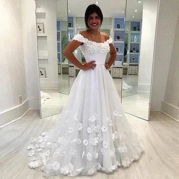 Kristalai 3D Gėlių Vestuvių Suknelė Baltos spalvos Tiulio Bžūp Rankovėmis Linijos, Valymo Traukinio 2021 Žavinga vestido de noiva Gėlių Vestuvinės Suknelės