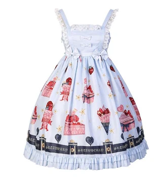 Japonijos JSK Saldus Lolita Dress Nėrinių Lankas-mazgas Mielas Spausdinimo Raukiniai Princesė Loli Suspender Suknelės