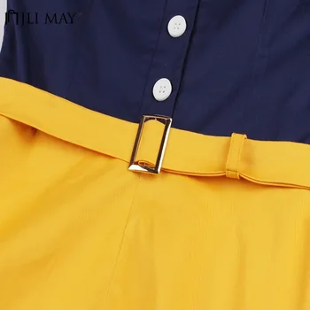 JLI GALI Vintage Kratinys Midi Suknelė Moterims, Elegantiškas Retro Trumpas Rankovės Varčias-Line Turn-žemyn Apykaklės Juostinės Vasaros Plius dydis