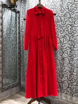 Raudona Ilga Suknelė 2021 M. Pavasarį Aukštos Kokybės Drabužius Moterims Lankas Apykaklės, Mygtuką Priekyje Ilgomis Rankovėmis Elegantiškas Šalis Maxi Suknelė Vestido Mujer
