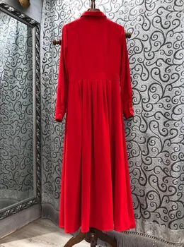 Raudona Ilga Suknelė 2021 M. Pavasarį Aukštos Kokybės Drabužius Moterims Lankas Apykaklės, Mygtuką Priekyje Ilgomis Rankovėmis Elegantiškas Šalis Maxi Suknelė Vestido Mujer