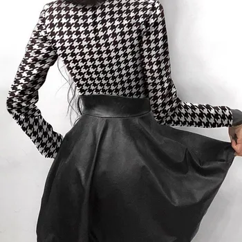 Houndstooth Spausdinti Odos Išlyginimą Moterų Suknelė Ponios Slim Dirbtiniais PU Užtrauktukas Trumpos Suknelės 2020 M. Rudenį ilgomis Rankovėmis Moteriška Apranga