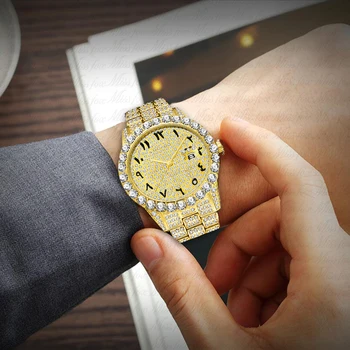MISSFOX vyriški Žiūrėti arabiškais Skaitmenimis Prabanga Vyrai Laikrodžiai 18k Aukso Unikalus Big Diamond Turas Brangus Klasikinis Vyrų Šalta Out Žiūrėti