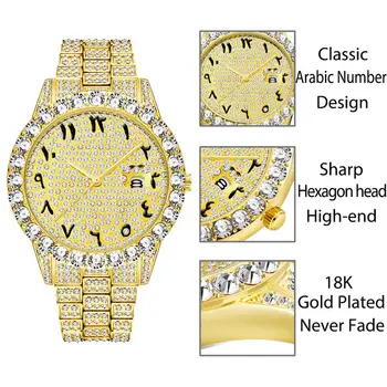 MISSFOX vyriški Žiūrėti arabiškais Skaitmenimis Prabanga Vyrai Laikrodžiai 18k Aukso Unikalus Big Diamond Turas Brangus Klasikinis Vyrų Šalta Out Žiūrėti