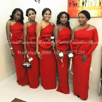 2020 Raudonos Gėlės Vienas Ilgas Rankovėmis Bridesmaid Dresses Undinė Afrikos Moterų Oficialaus Ilgai Vestuvės Dress Suknelė Vestidos
