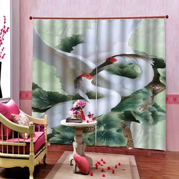 Kinų stiliaus Baltoji Gervė Kinijos Jade Lotus lapų Užuolaidų Gyvenimo Kambario, Miegamasis Blackout Lango Uždangą 2 Plokštės Su Kabliukais