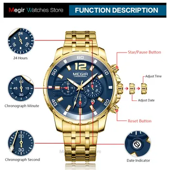 Megir Prabangių Laikrodžių Vyrų 2020 Mėlyna Veido Aukso Akių Dirželis atsparus Vandeniui Riešo Žiūrėti Vyrų Mados Šviesos Chronograph Kvarcas Laikrodžiai