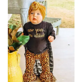Mielas Pyplys Baby Girl 2VNT Rudens Drabužiai Laišką Viršūnes long sleeve black marškinėliai +Leopardas spausdinti bell apačioje Kelnės Komplektus 0-3Y