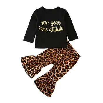 Mielas Pyplys Baby Girl 2VNT Rudens Drabužiai Laišką Viršūnes long sleeve black marškinėliai +Leopardas spausdinti bell apačioje Kelnės Komplektus 0-3Y