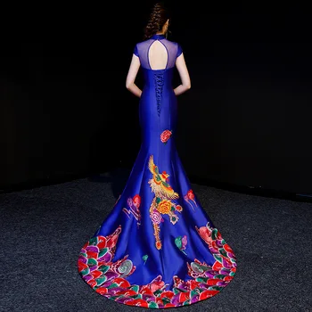 Blue Undinė Vakarinę Suknelę Elegantiško, Prabangaus Siuvinėjimo Qipao Kinų Tradicinė Suknelė Ilgai Cheongsam Vakare Chalatai, Kinijos Suknelės