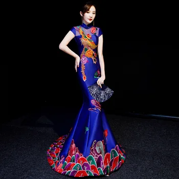 Blue Undinė Vakarinę Suknelę Elegantiško, Prabangaus Siuvinėjimo Qipao Kinų Tradicinė Suknelė Ilgai Cheongsam Vakare Chalatai, Kinijos Suknelės