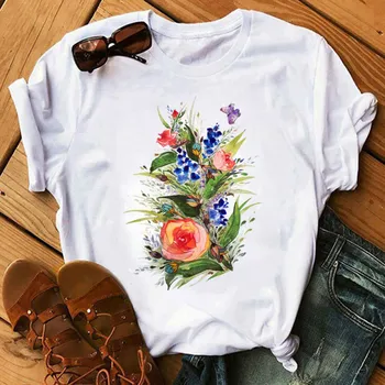 Moterų Drabužiai Gėlių Spausdinti Ponios Marškinėlius trumpomis Rankovėmis Kawaii Tees Viršuje Grafinis Atspausdintas Marškinėliai Moteriška T-shirt