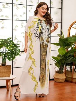 Musulmonų Suknelė Moterims Derliaus Etninės Spausdinti Diamond Ilgą Šifono Suknelę, Baltos spalvos, O Kaklo Pusė Rankovės arabų Drabužius Vasarą 2020 m.