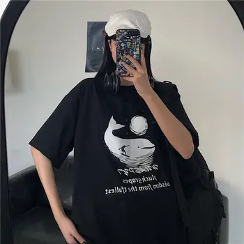 T-marškinėliai Moterims Vasaros Ins Harajuku Mados korėjos Moterų Black Viršūnes Tee Pora Unisex Visas rungtynes, Negabaritinių Preppy Merginos Streetwear